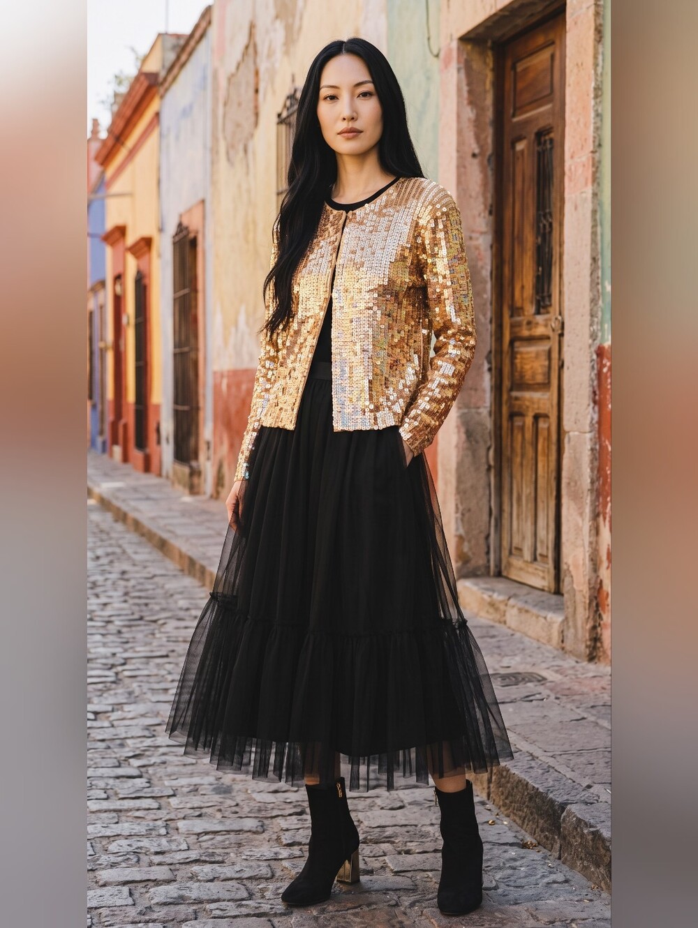 Moda International Y2K Nwot Gold Square Sequin Longsleeve Hook Close  Cardigan